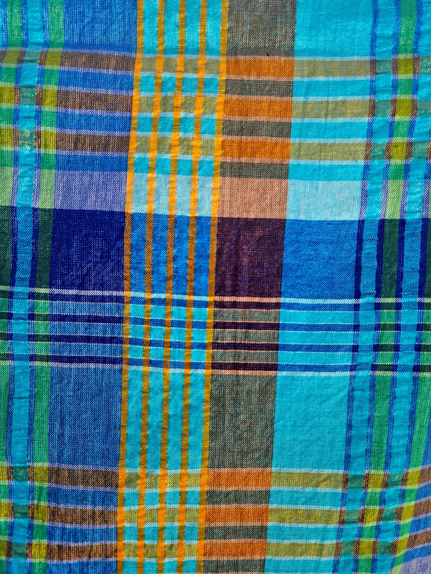 Blue Orange Green Plaid Furoshiki Reusable Gift Wrap, 35", upcycled cotton