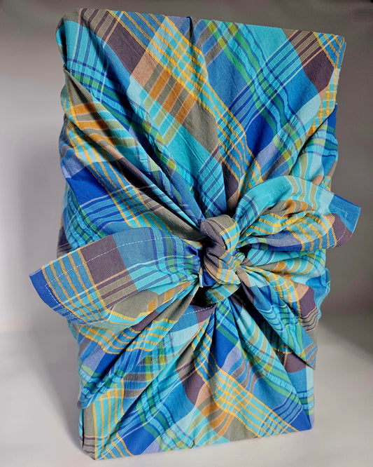 Blue Orange Green Plaid Furoshiki Reusable Gift Wrap, 35", upcycled cotton