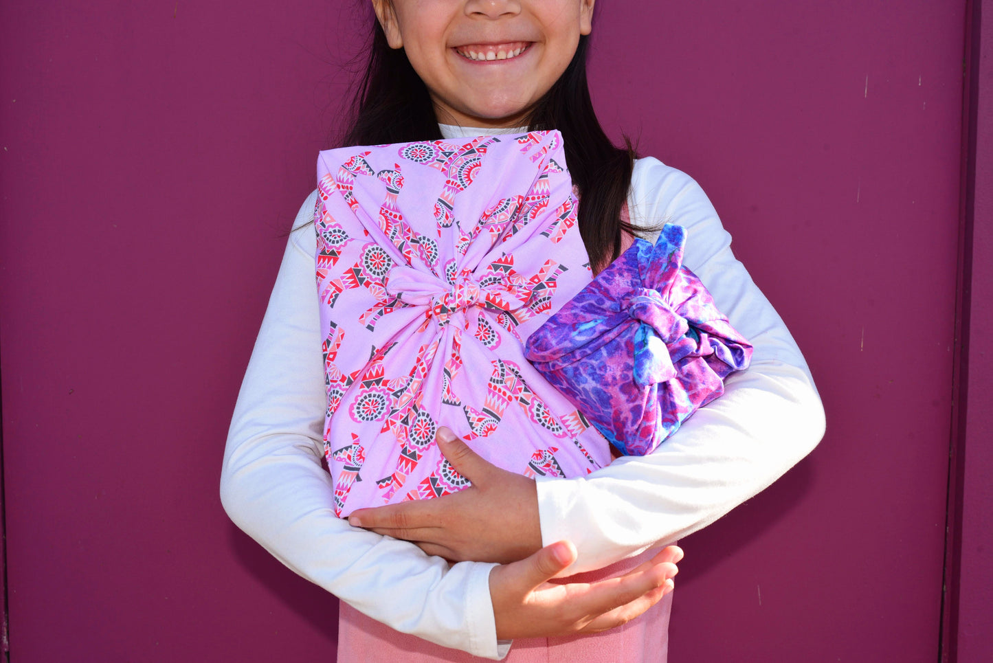 Pink Llama Festive Furoshiki Reusable Gift Wrap, 20" Upcycled Cotton