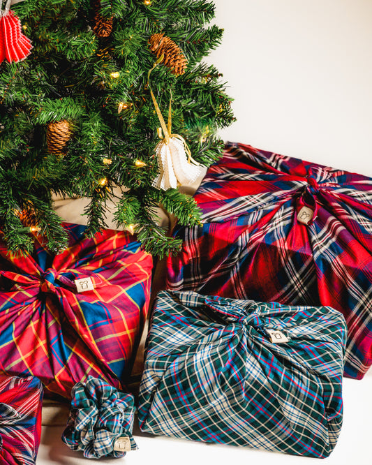 Dark Red & Navy Blue Plaid Furoshiki Reusable Gift Wrap, 15" & 20" & 25" & 35"