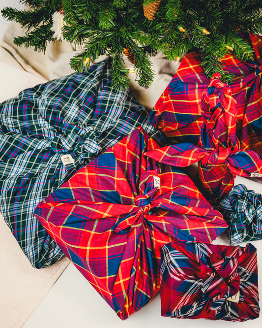 Red, Gold, & Blue Plaid Furoshiki Reusable Gift Wrap, 15" & 20" & 25" & 30" & 35"